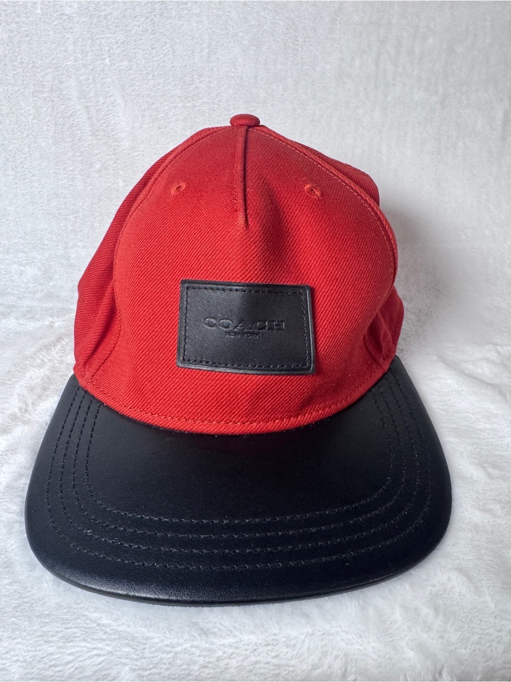 Coach New York Red Black Leather Trim Baseball Cap Hat OS